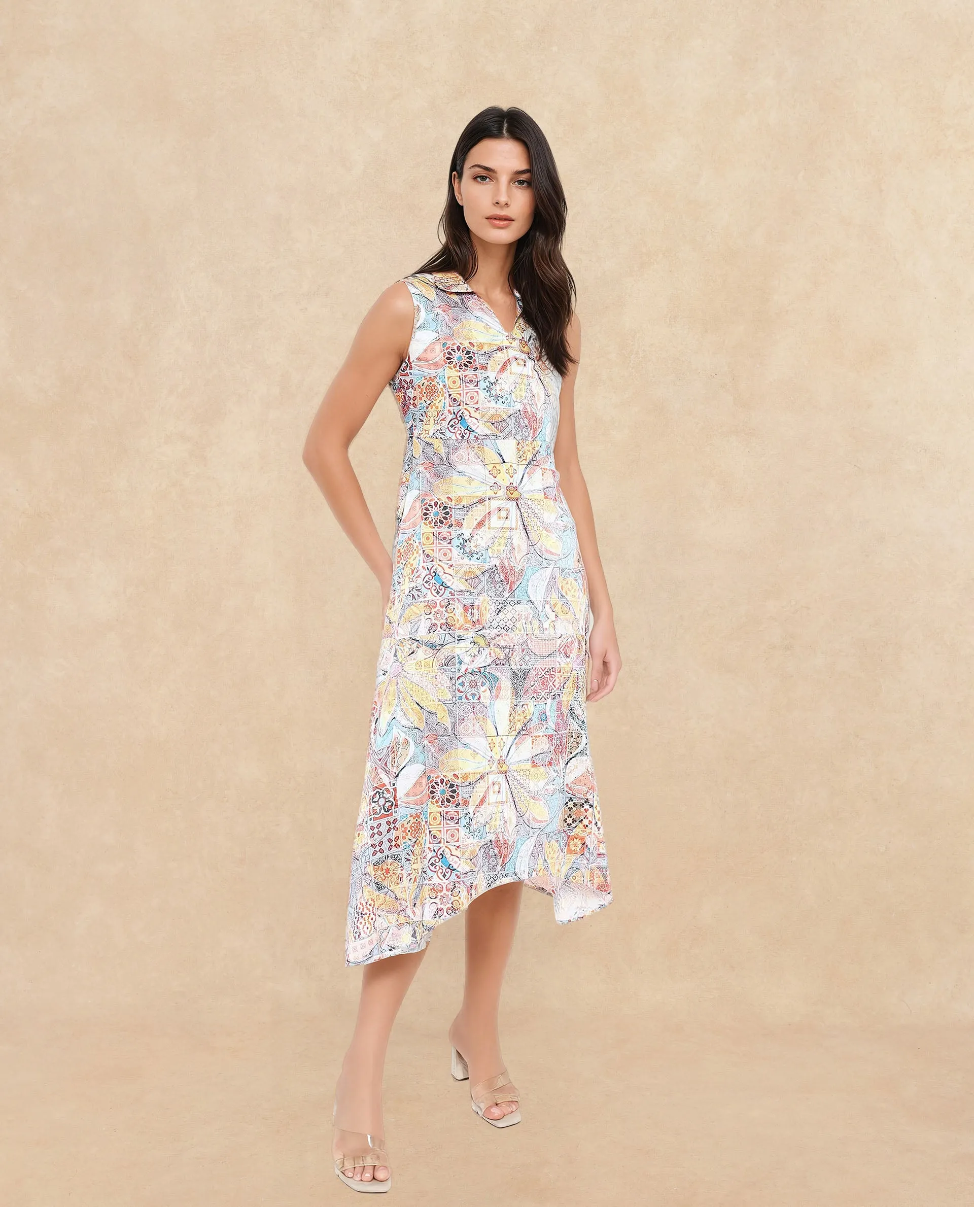 Rareism Women Elsal Light Multi Cotton Blend Fabric Sleeveless Collared Neck Asymmetric Midi Floral Print Dress