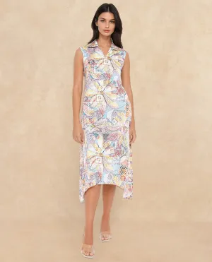 Rareism Women Elsal Light Multi Cotton Blend Fabric Sleeveless Collared Neck Asymmetric Midi Floral Print Dress