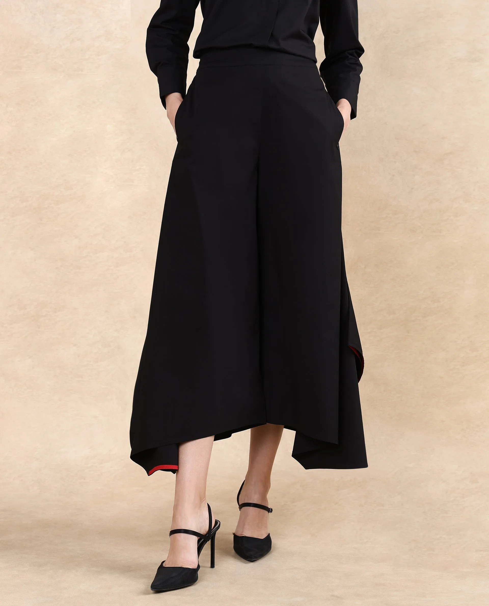 Rareism Women Filom Black Cotton Blend Fabric Flared Ankle Length Plain Trouser