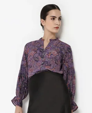 Rareism Women Lafia Multi Viscose Fabric Lantern Sleeve V-Neck Button Closure Paisley Print Top