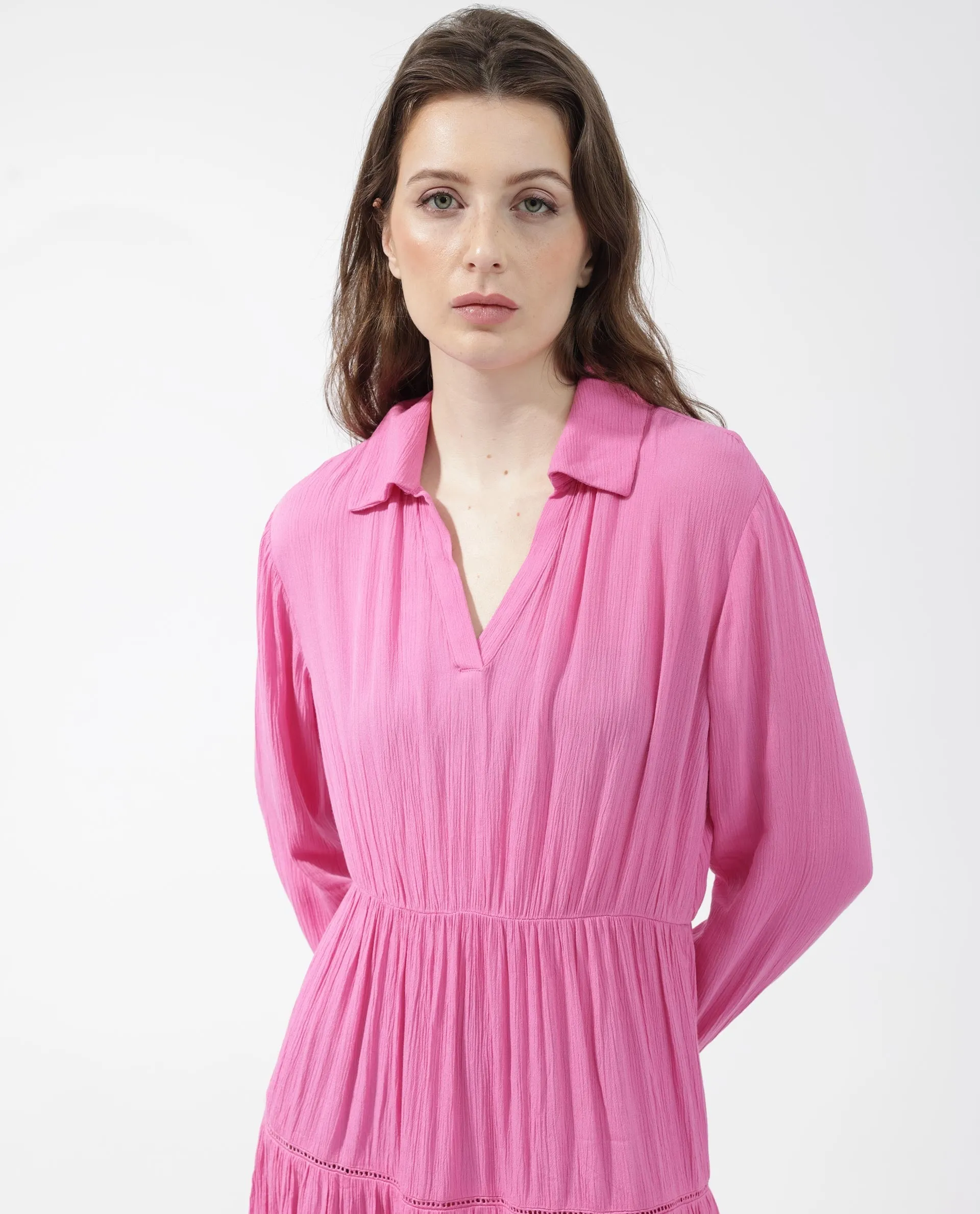 Rareism Women Magner Pink Rayon Fabric Full Sleeves Collared Neck Fit And Flare Plain Mini Dress