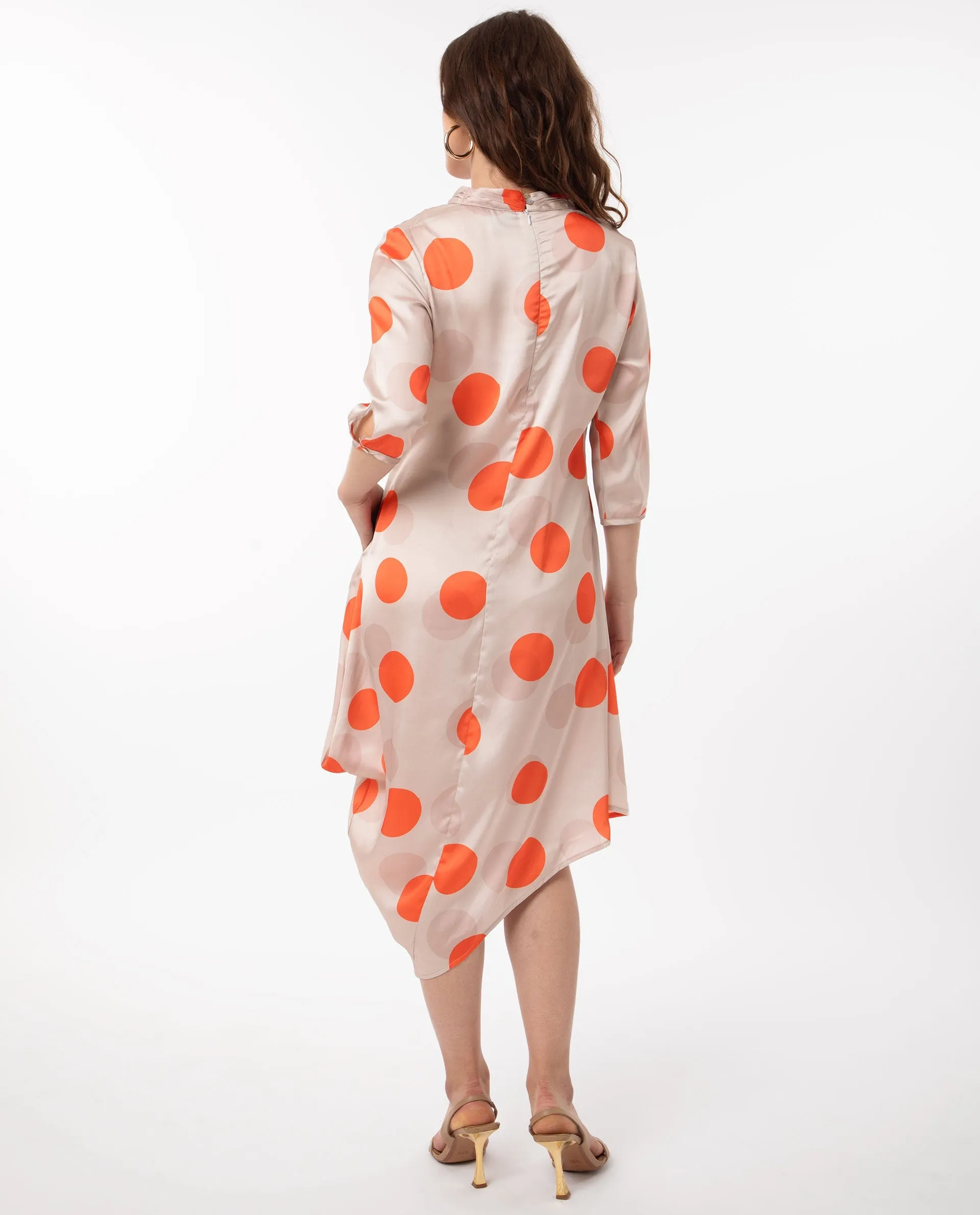 Rareism Women Nia Light Beige Polyester Fabric 3/4Th Sleeves Zip Closure High Neck Relaxed Fit Polka Midi Asymmetric Dress
