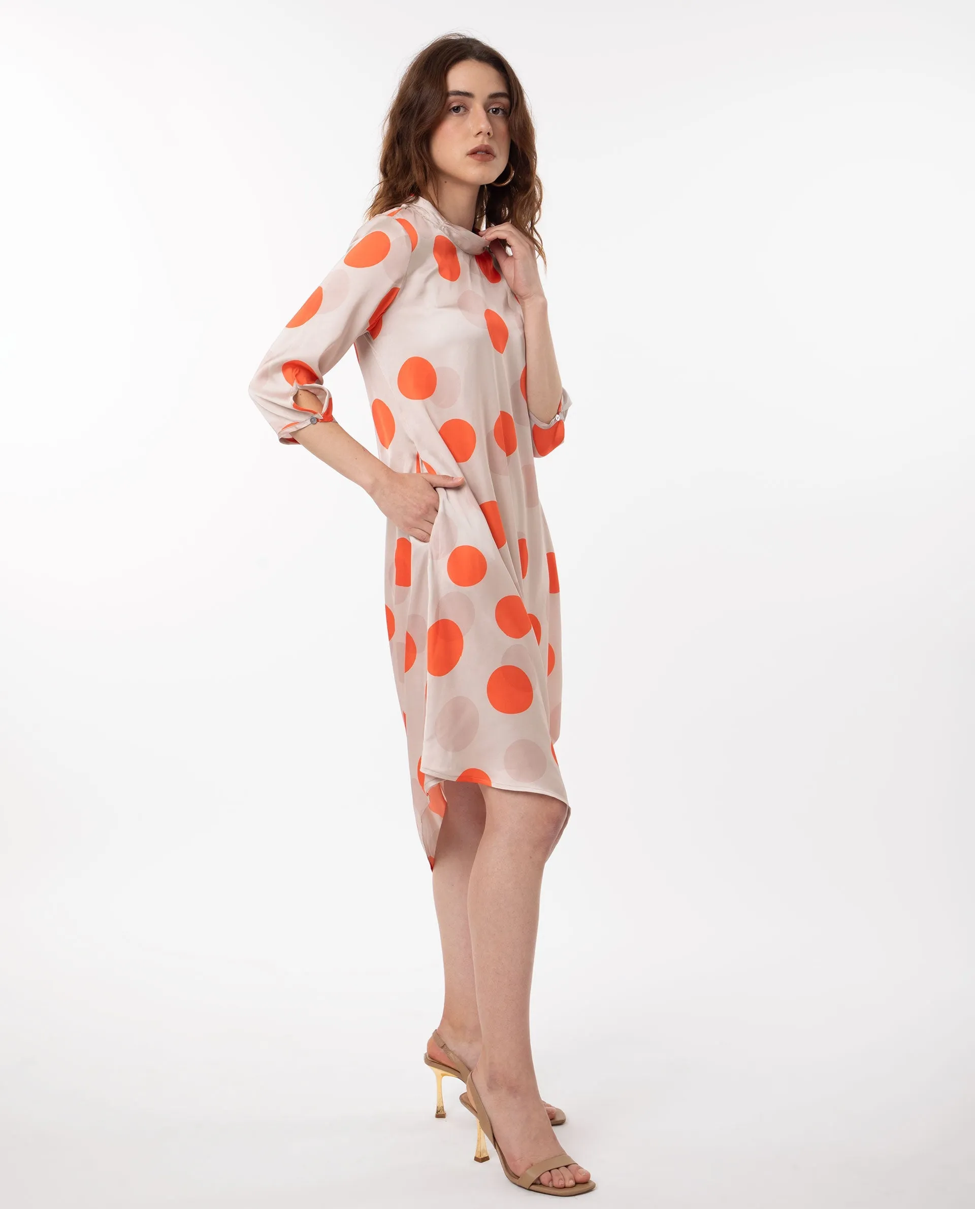 Rareism Women Nia Light Beige Polyester Fabric 3/4Th Sleeves Zip Closure High Neck Relaxed Fit Polka Midi Asymmetric Dress
