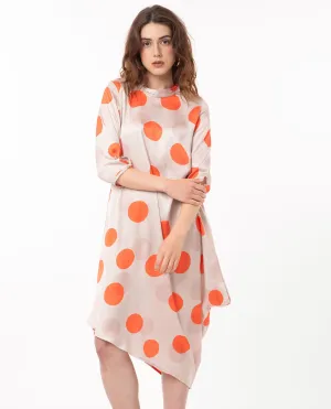 Rareism Women Nia Light Beige Polyester Fabric 3/4Th Sleeves Zip Closure High Neck Relaxed Fit Polka Midi Asymmetric Dress