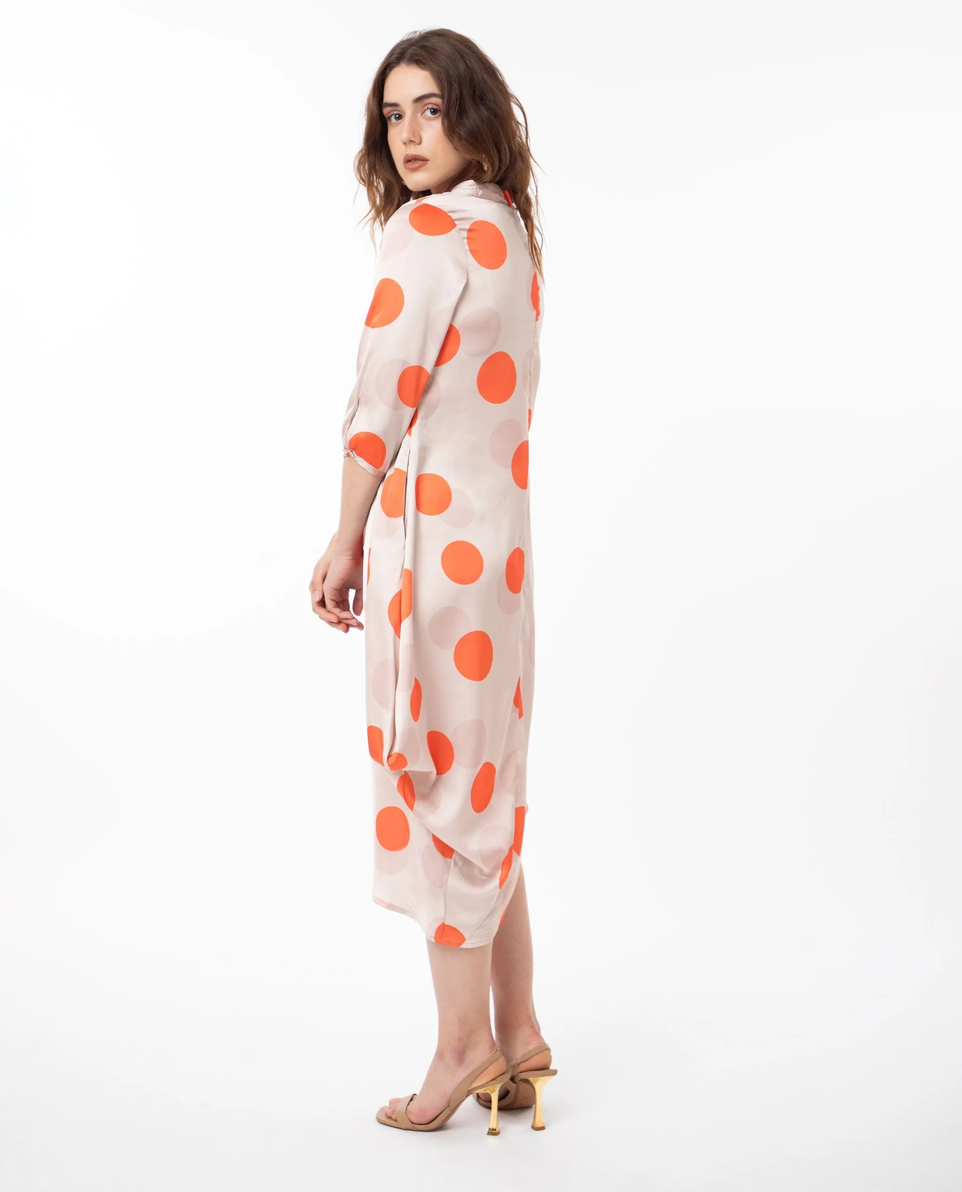 Rareism Women Nia Light Beige Polyester Fabric 3/4Th Sleeves Zip Closure High Neck Relaxed Fit Polka Midi Asymmetric Dress
