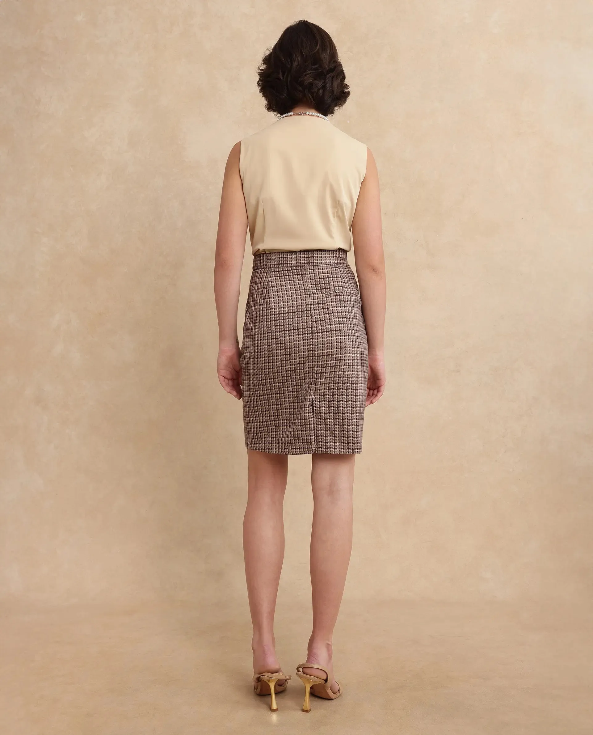 Rareism Women Paltiu Brown Checkered Skirt