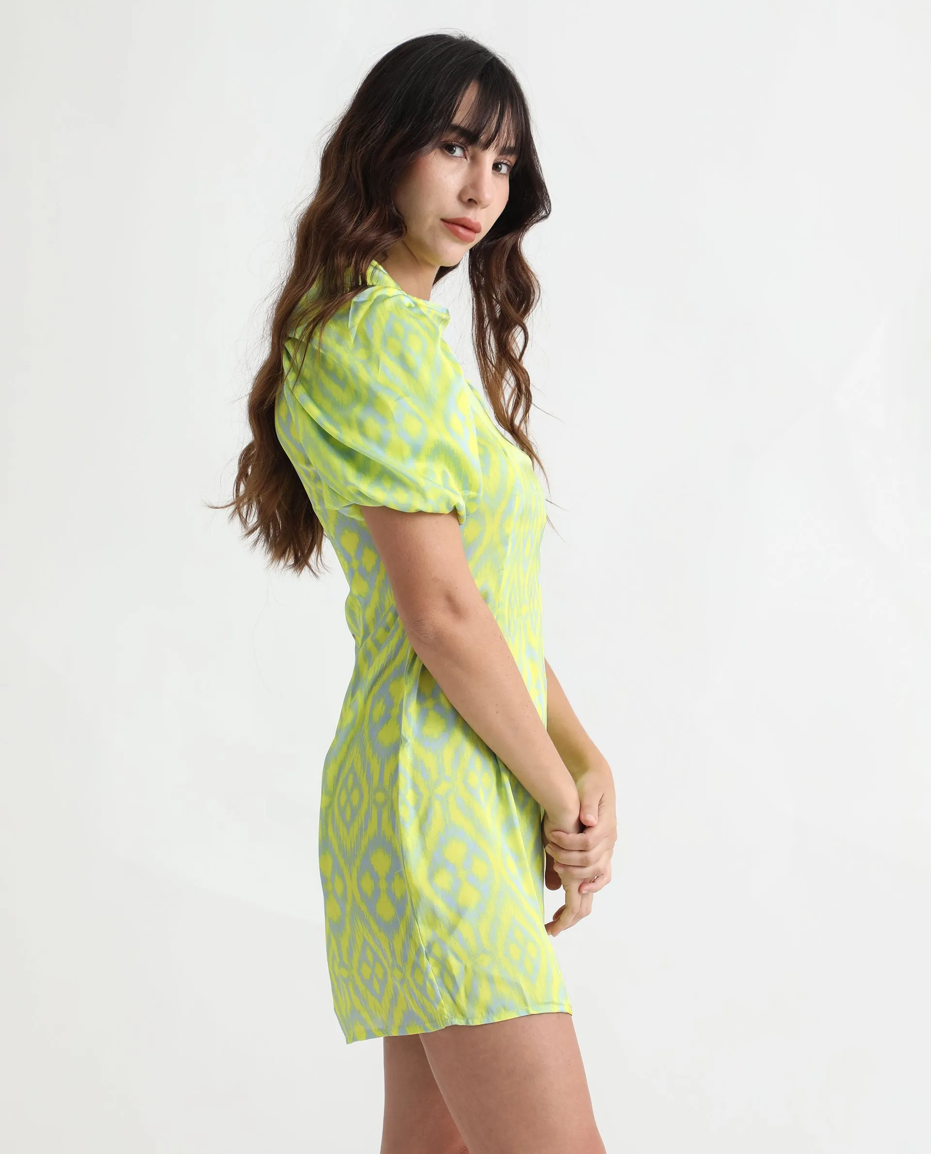 Rareism Women Robertson Fluorescent Yellow Polyester Fabric Short Sleeves Zip Closure Round Neck Puff Sleeve Boxy Fit Geometric Print Short Dress