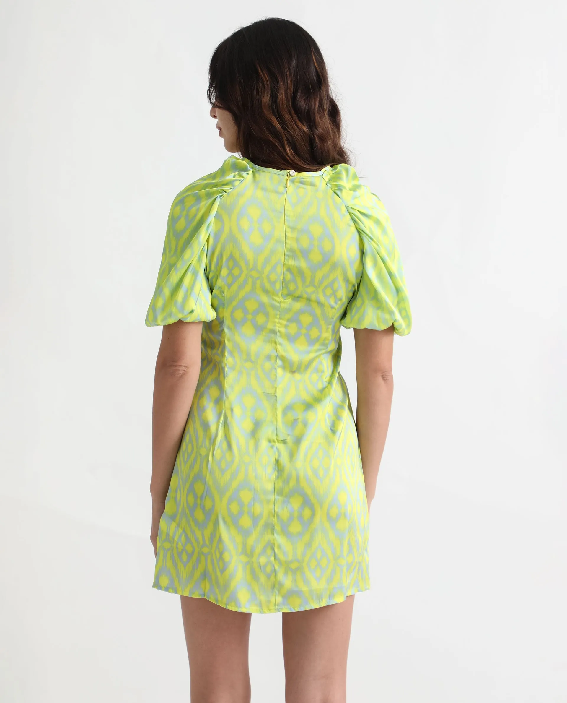 Rareism Women Robertson Fluorescent Yellow Polyester Fabric Short Sleeves Zip Closure Round Neck Puff Sleeve Boxy Fit Geometric Print Short Dress