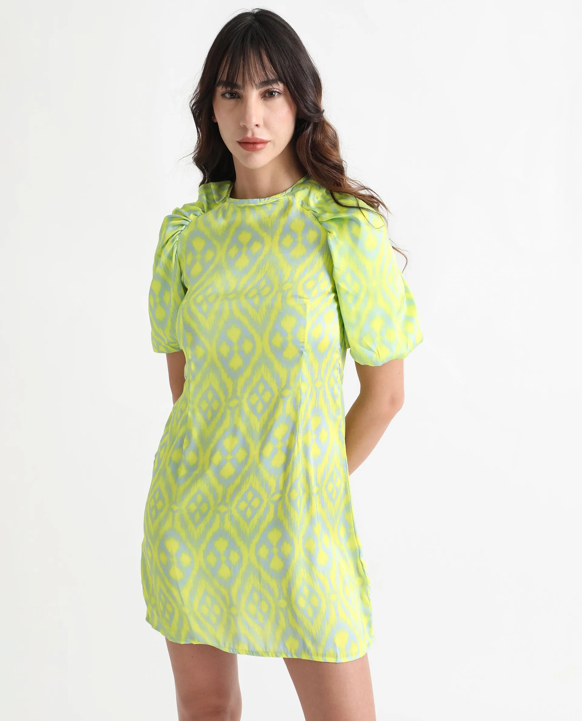 Rareism Women Robertson Fluorescent Yellow Polyester Fabric Short Sleeves Zip Closure Round Neck Puff Sleeve Boxy Fit Geometric Print Short Dress