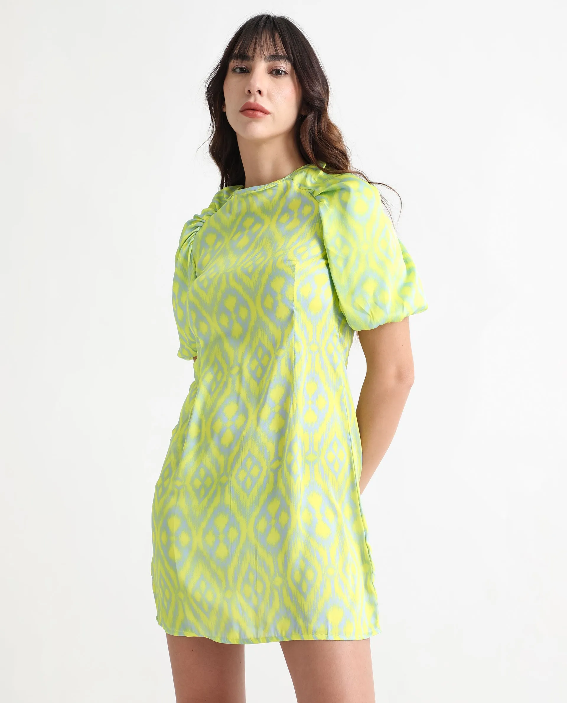 Rareism Women Robertson Fluorescent Yellow Polyester Fabric Short Sleeves Zip Closure Round Neck Puff Sleeve Boxy Fit Geometric Print Short Dress