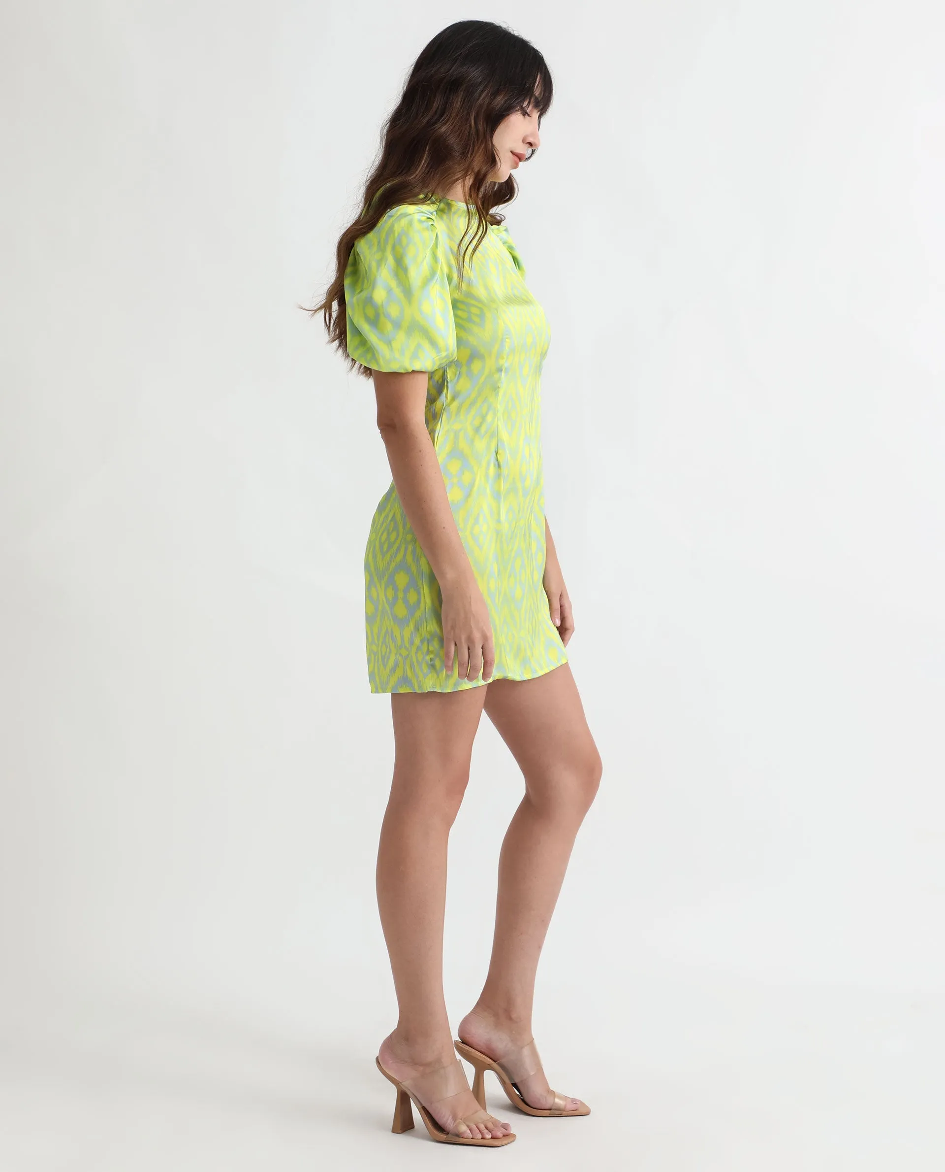 Rareism Women Robertson Fluorescent Yellow Polyester Fabric Short Sleeves Zip Closure Round Neck Puff Sleeve Boxy Fit Geometric Print Short Dress
