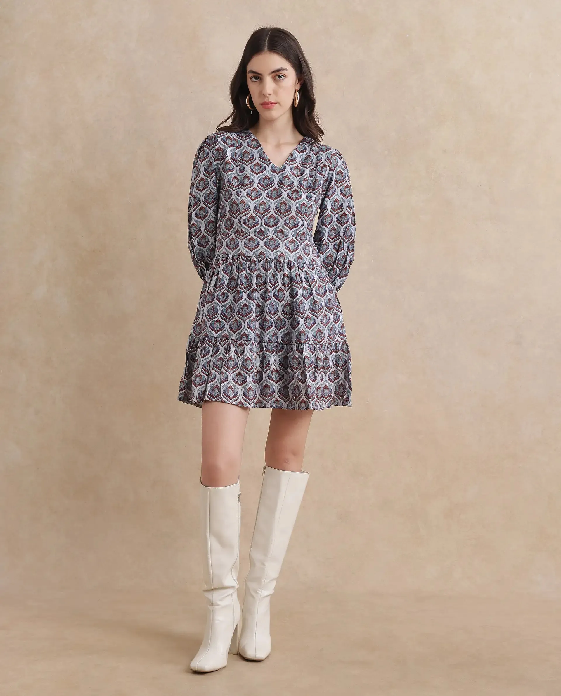 Rareism Women Thecon Blue Bishop Sleeves V-Neck Zipper Closure Fit And Flare Mini Abstract Print Dress