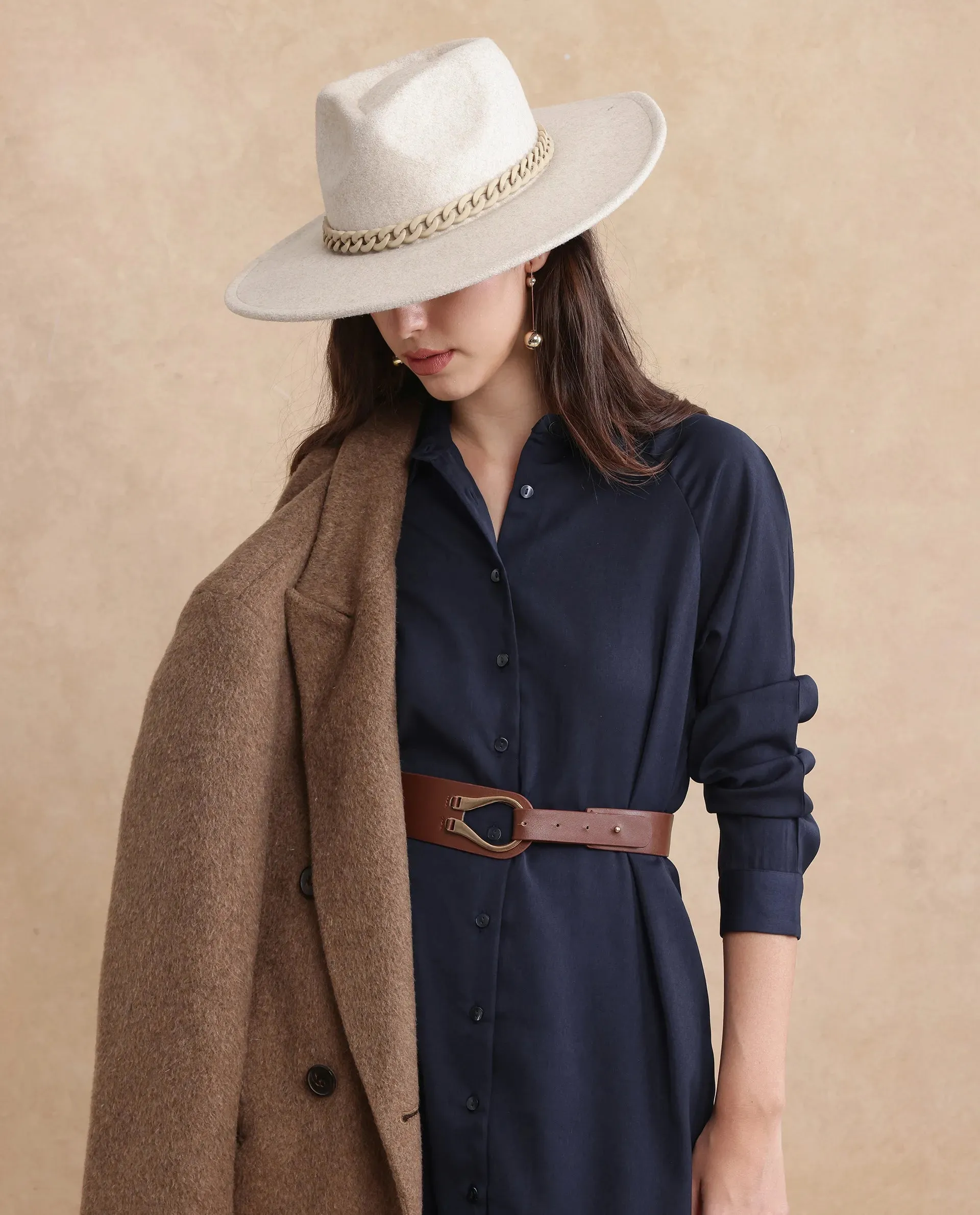 Rareism Women Yulu Navy Satin Cuffed Sleeves Collared Neck Button Closure Straight Fit Midi Plain Dress