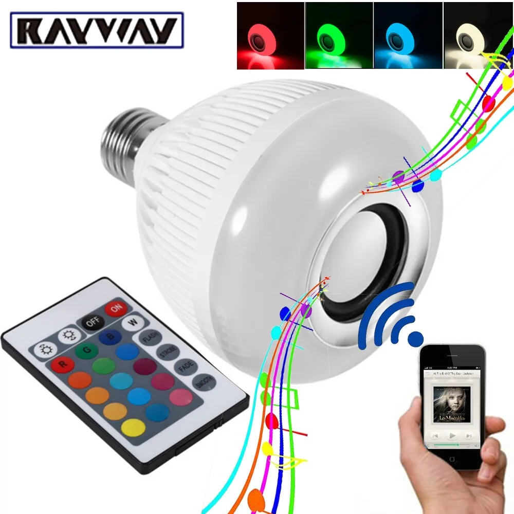 RAYWAY Smart RGBW Wireless Bluetooth Speaker Bulb Xmas Music Playing Dimmable 12W E27 LED Bulb Light Lamp 24 Keys Remote Control