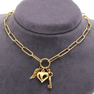 Real Gold Paper Clip Chain Necklace with 3D Heart Key and Wings Charms (40 C.M) 1404 N1450