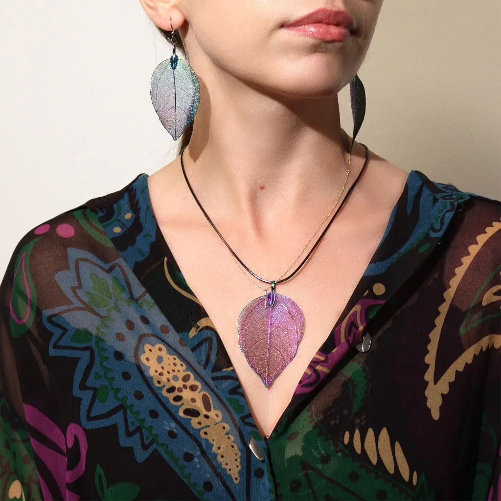 Real Leaf Jewellery Set - Necklace & Earrings - Gold Pink or Pewter