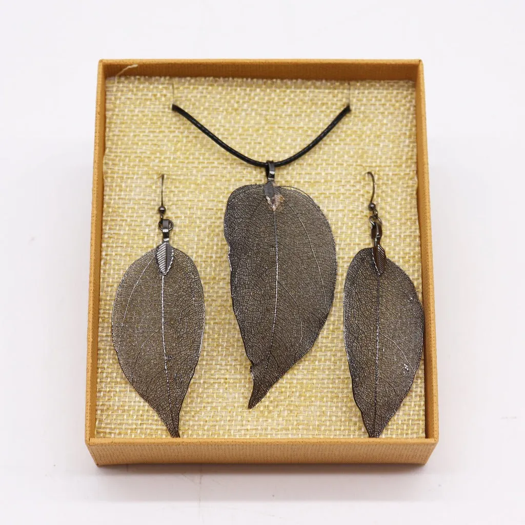 Real Leaf Jewellery Set - Necklace & Earrings - Gold Pink or Pewter