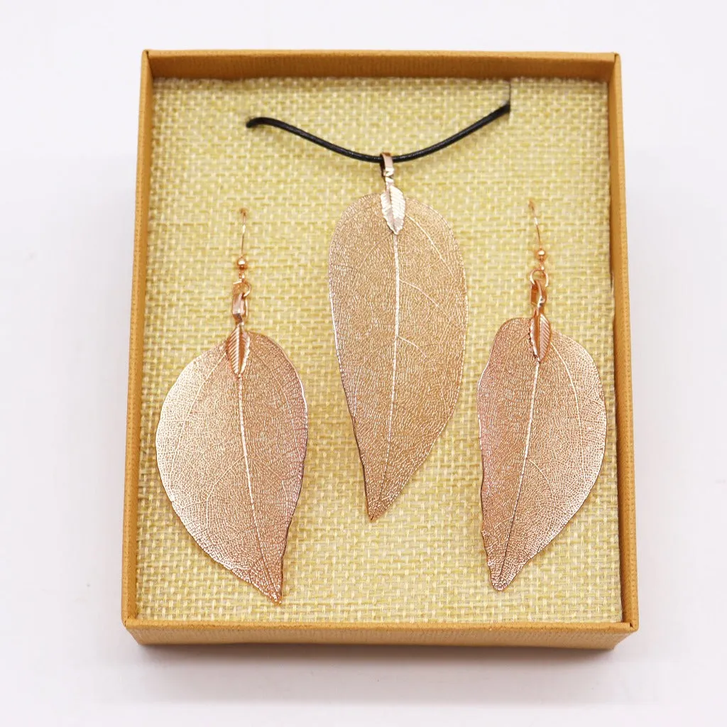 Real Leaf Jewellery Set - Necklace & Earrings - Gold Pink or Pewter