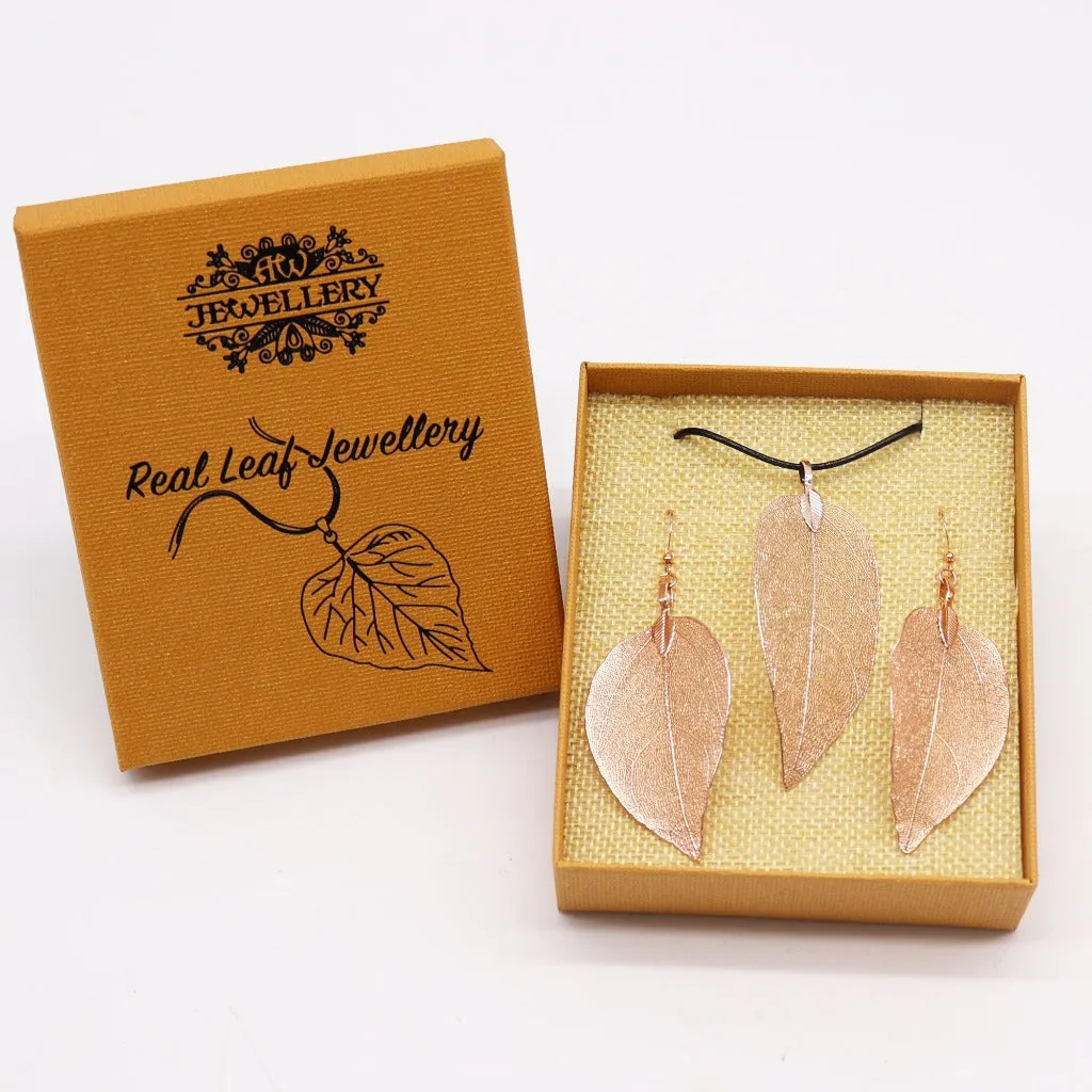 Real Leaf Jewellery Set - Necklace & Earrings - Gold Pink or Pewter