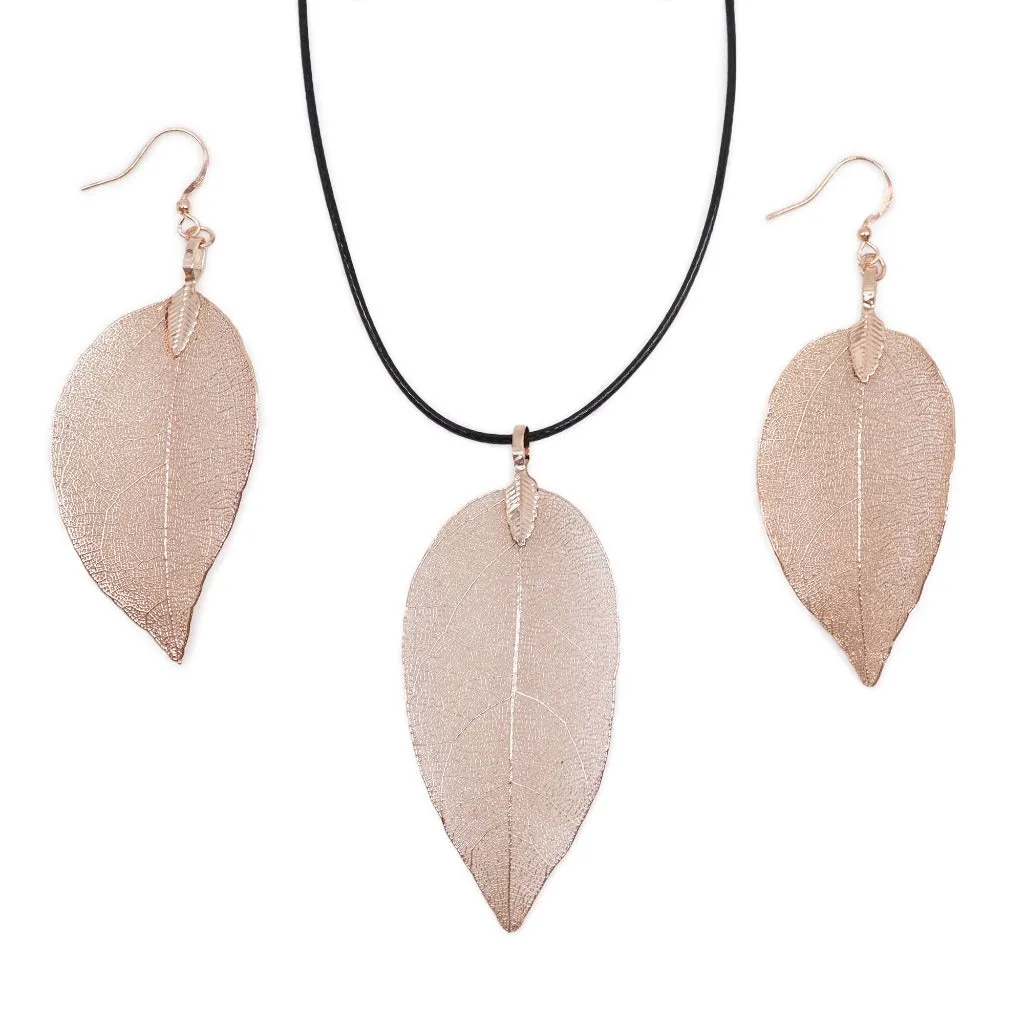 Real Leaf Jewellery Set - Necklace & Earrings - Gold Pink or Pewter