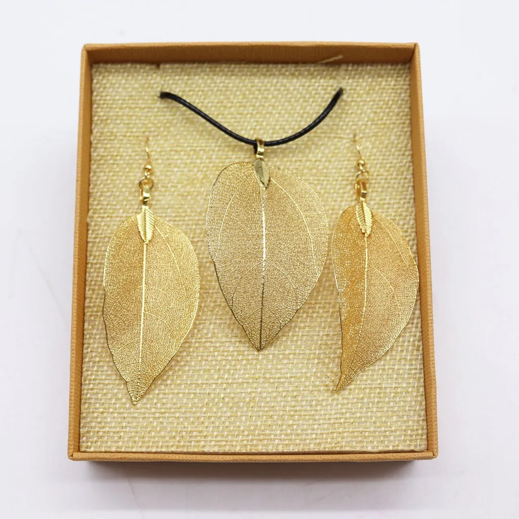 Real Leaf Jewellery Set - Necklace & Earrings - Gold Pink or Pewter