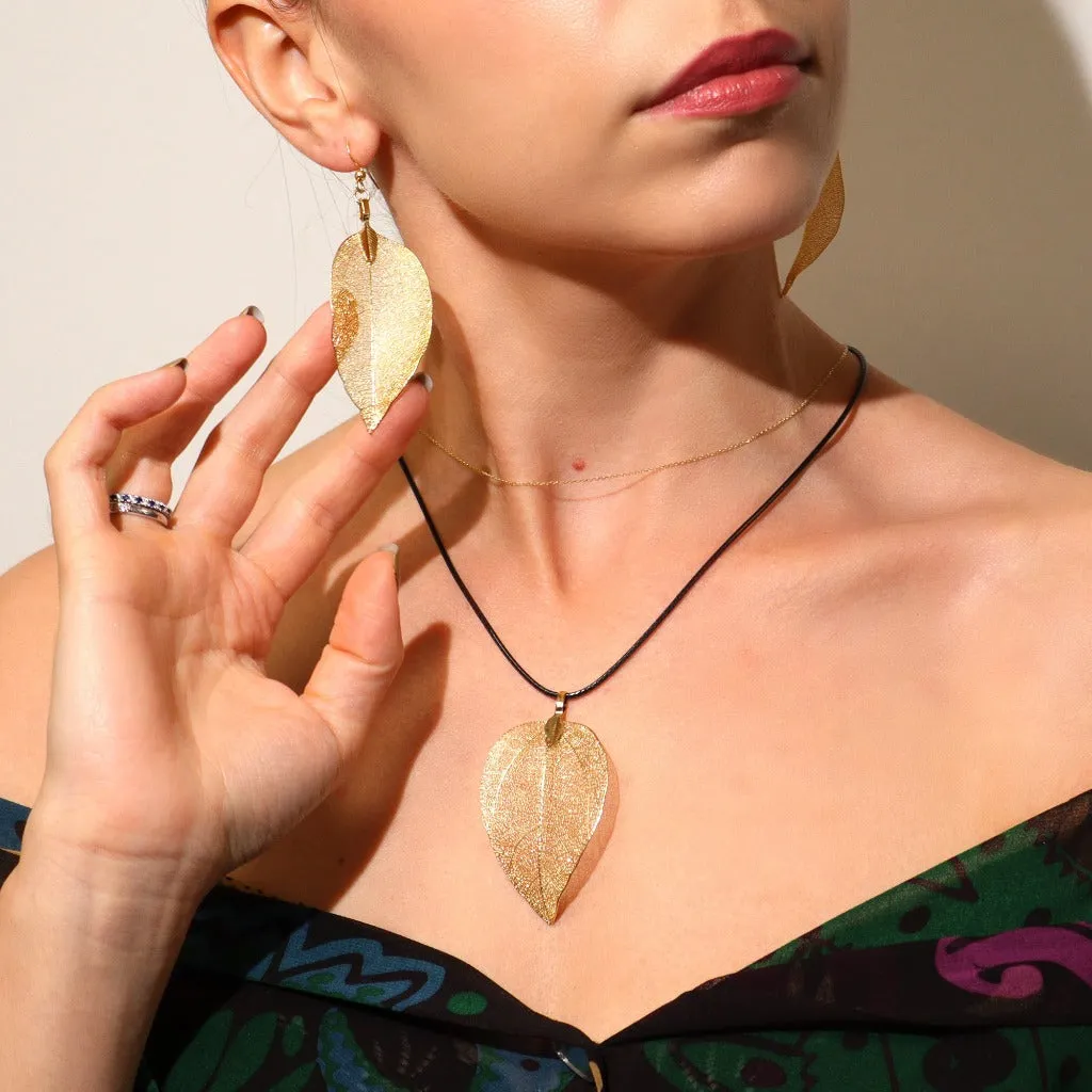 Real Leaf Jewellery Set - Necklace & Earrings - Gold Pink or Pewter