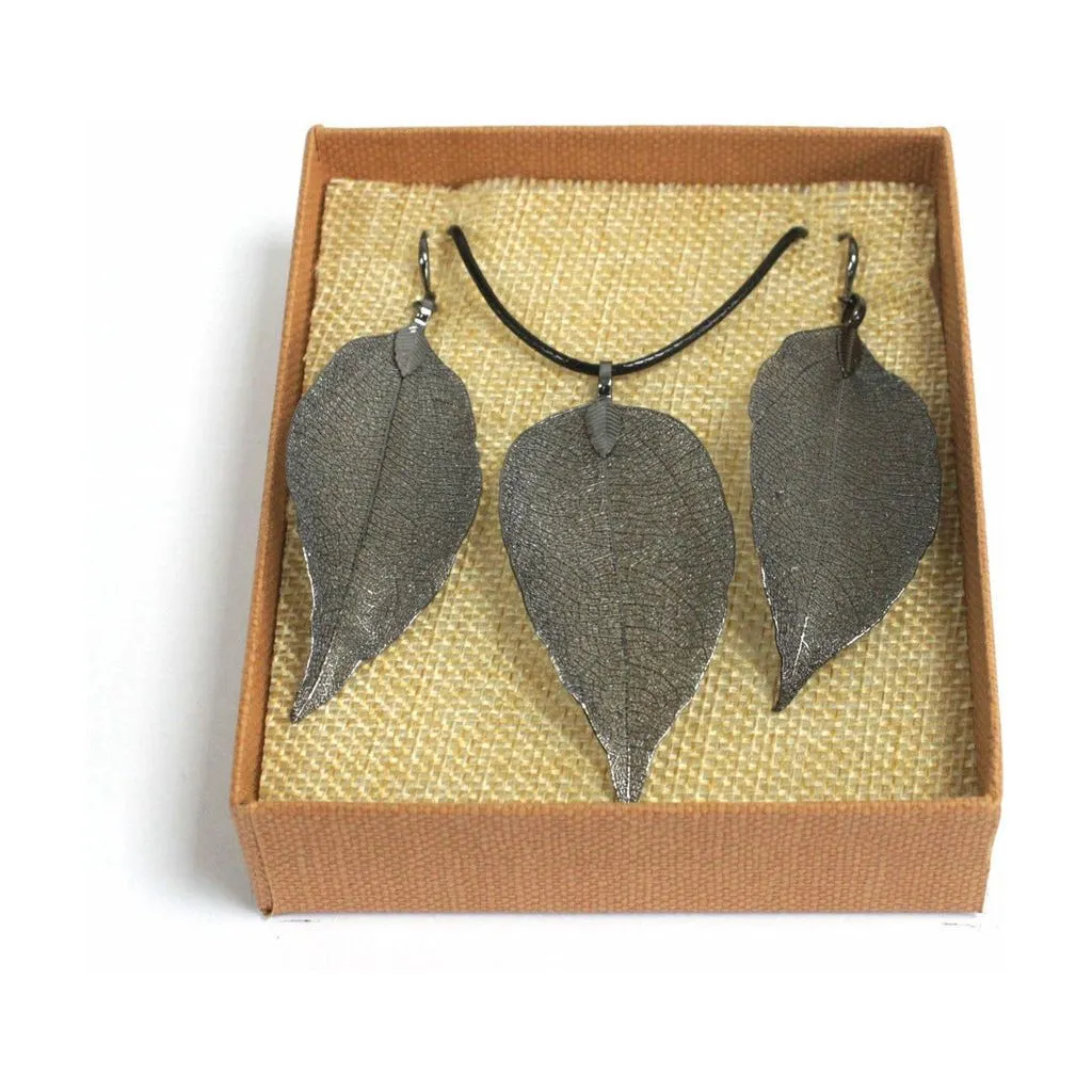 Real Leaf Jewellery Set - Necklace & Earrings - Gold Pink or Pewter