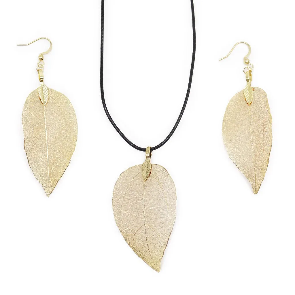 Real Leaf Jewellery Set - Necklace & Earrings - Gold Pink or Pewter