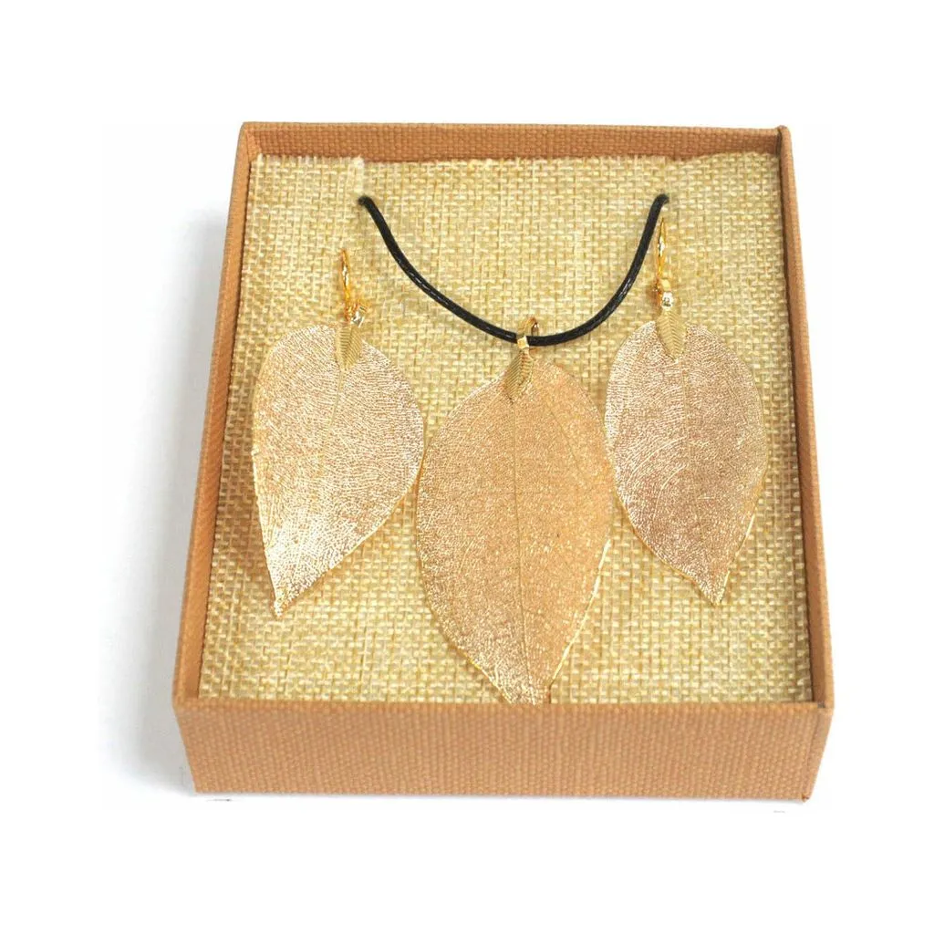 Real Leaf Jewellery Set - Necklace & Earrings - Gold Pink or Pewter