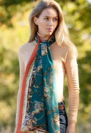 Rearing To Go Teal & Rust Wool Silk Wrap