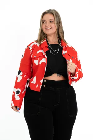 'REBEL' Stretch Linen Plus Size Jacket - Abstract Rose