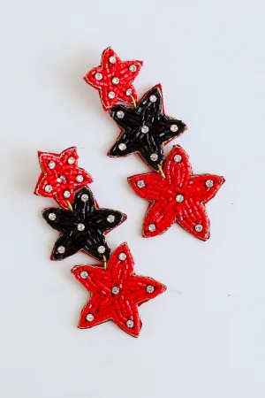 Red   Black Beaded Star Drop Earrings