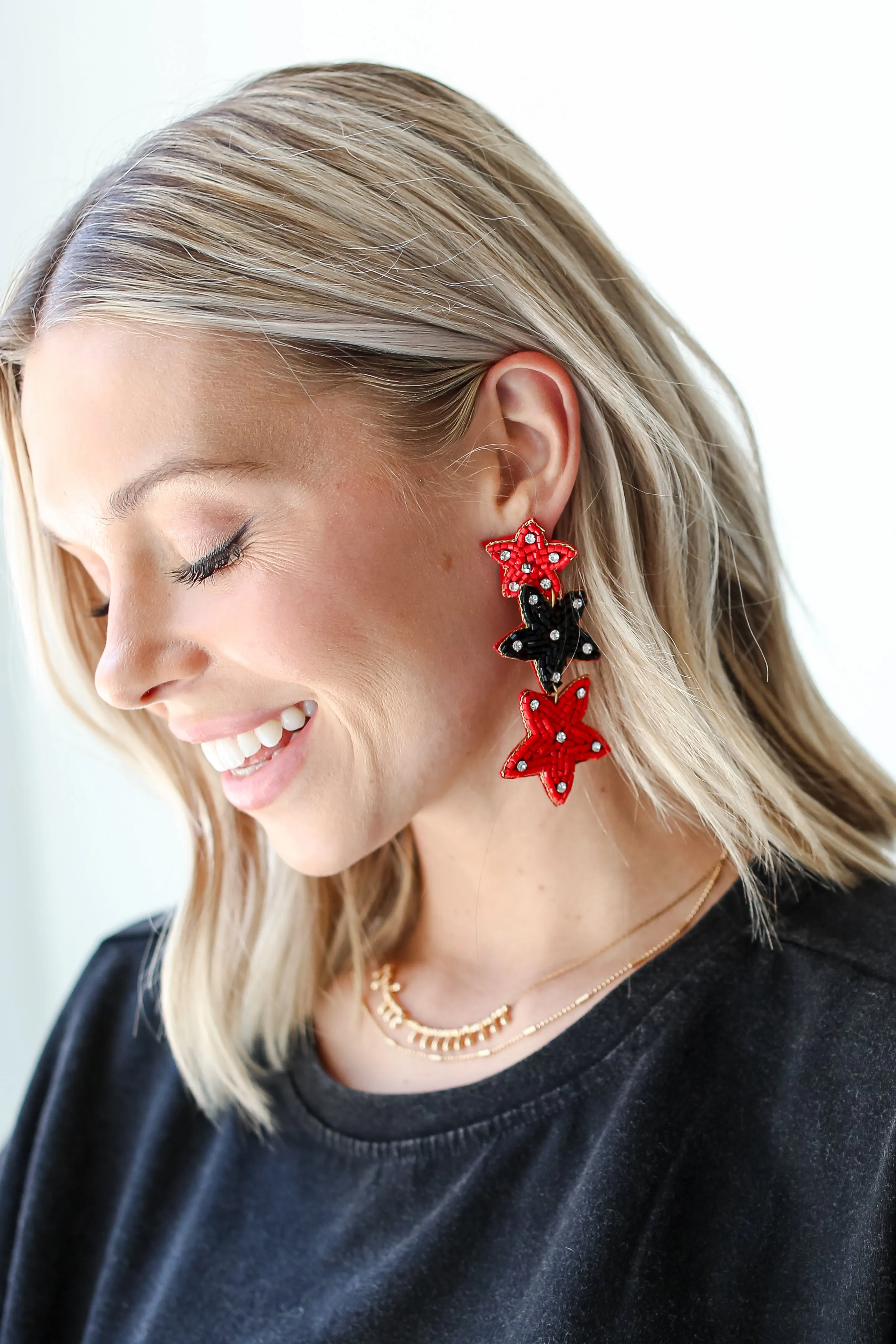 Red   Black Beaded Star Drop Earrings