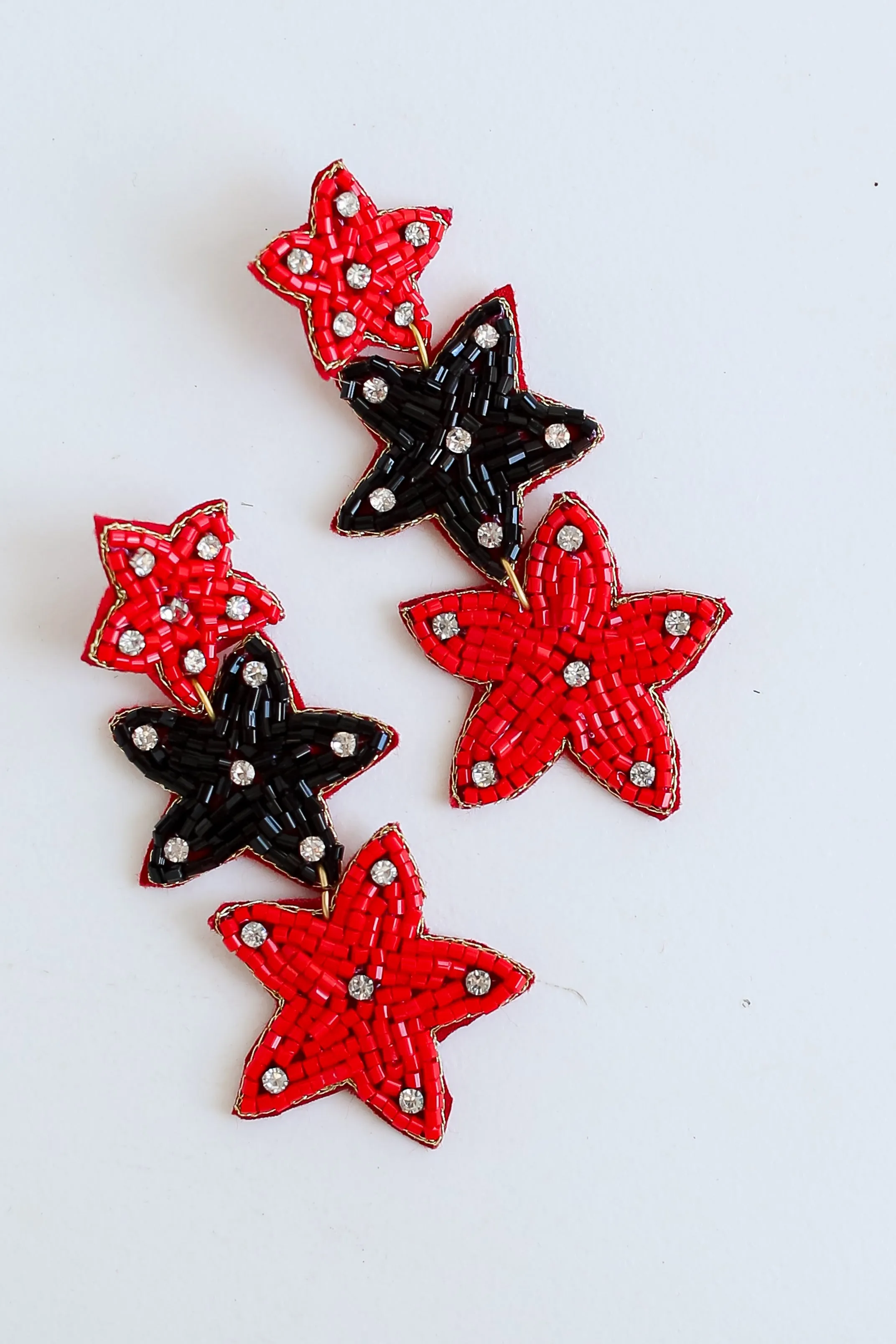 Red   Black Beaded Star Drop Earrings