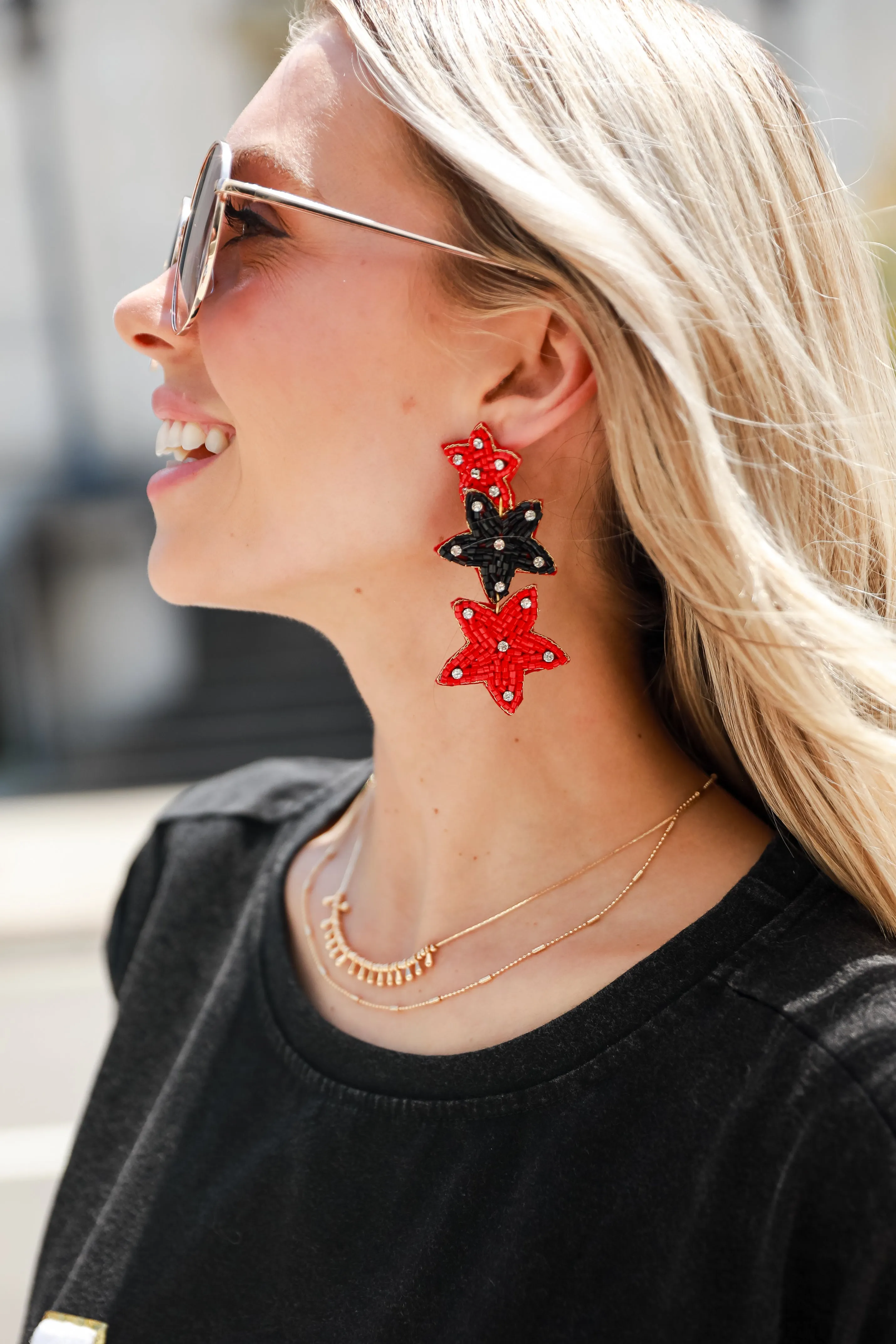 Red   Black Beaded Star Drop Earrings