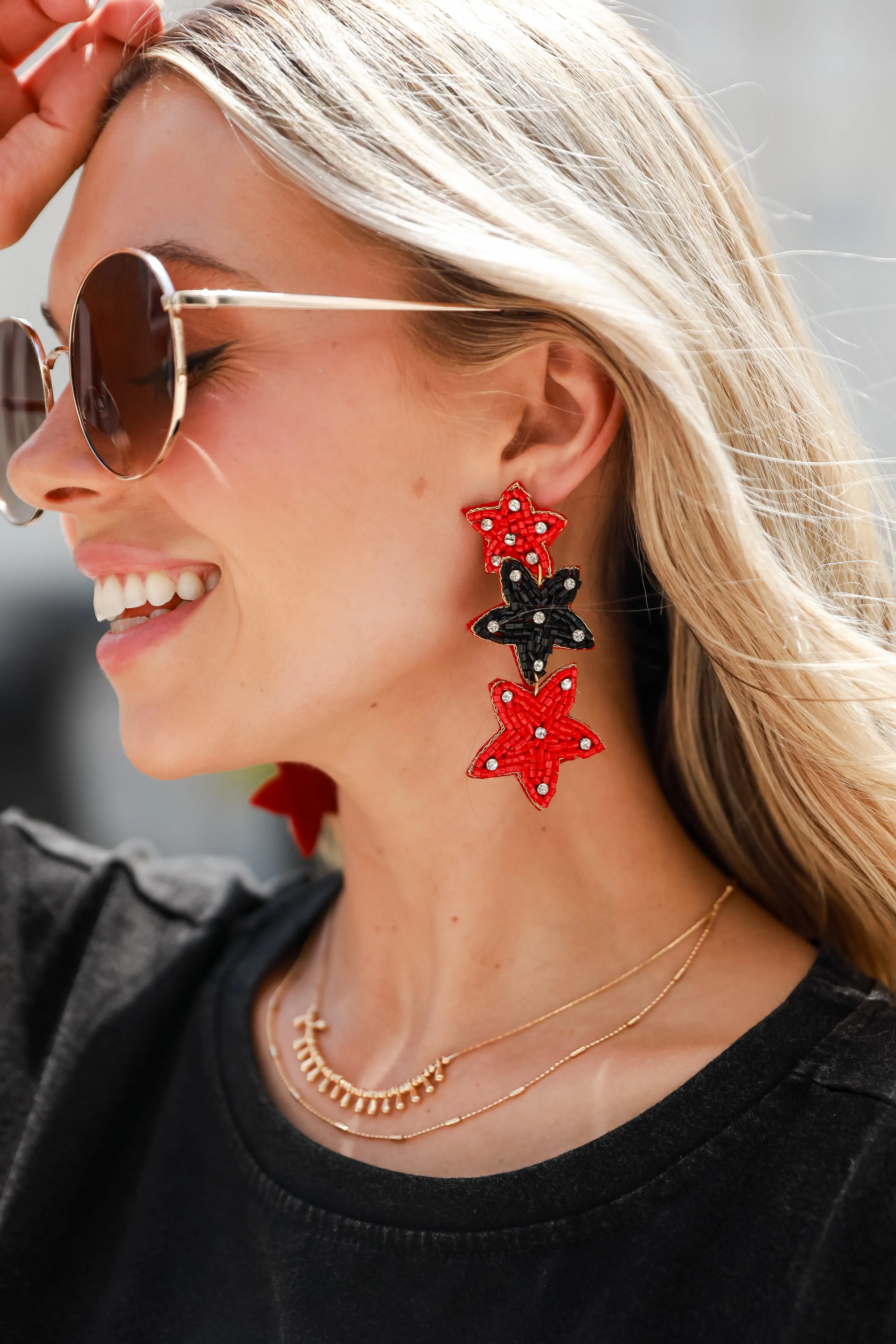 Red   Black Beaded Star Drop Earrings