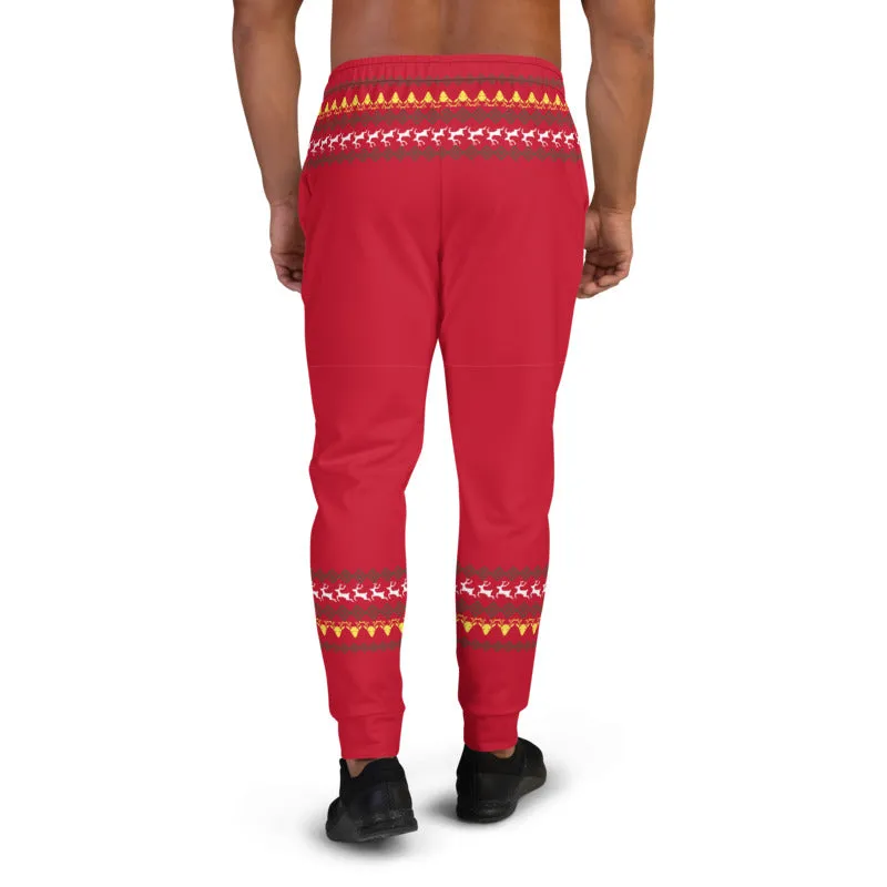 Red Christmas Reindeer Men's Joggers, Festive Xmas Casual Joggers-Made in EU/MX/USA