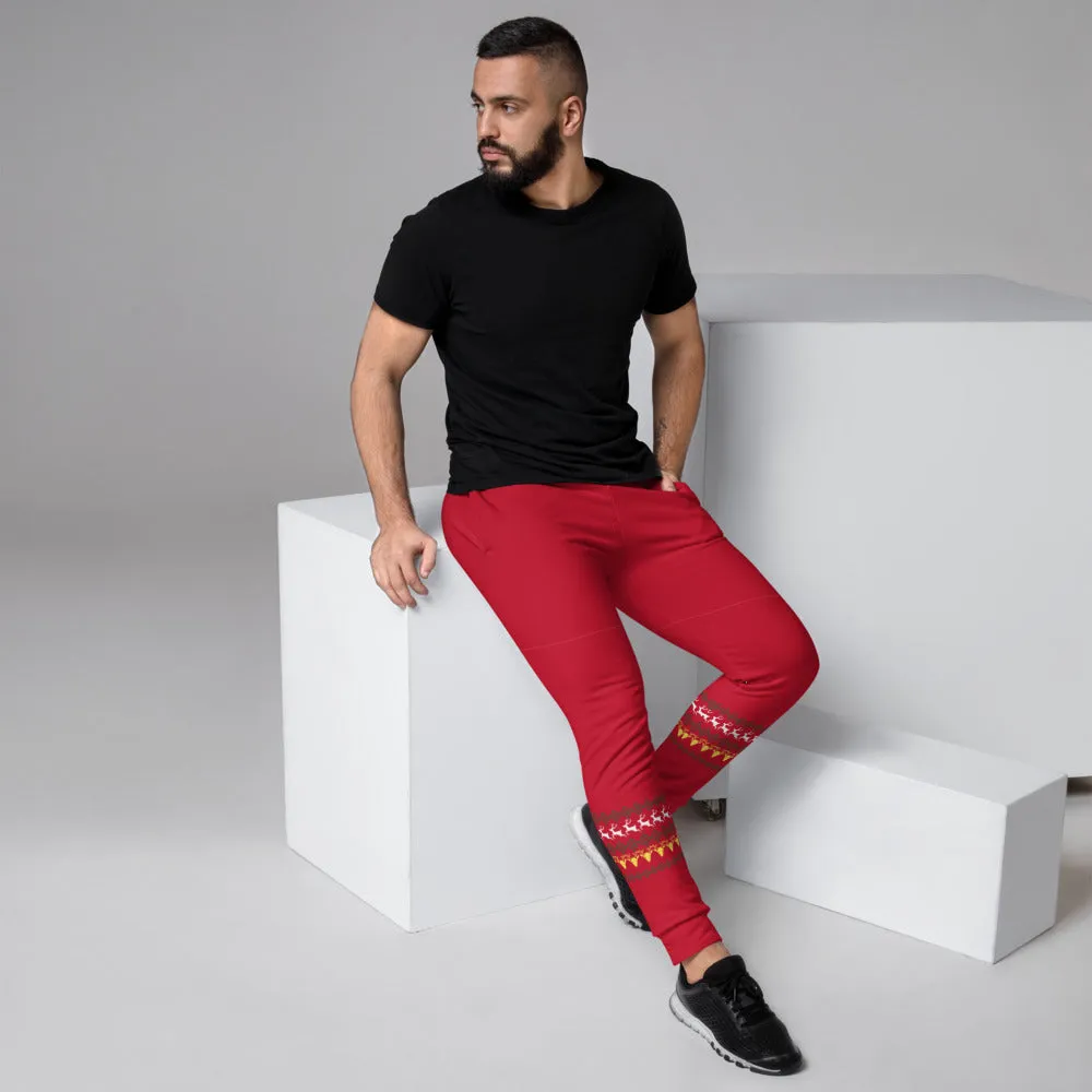 Red Christmas Reindeer Men's Joggers, Festive Xmas Casual Joggers-Made in EU/MX/USA