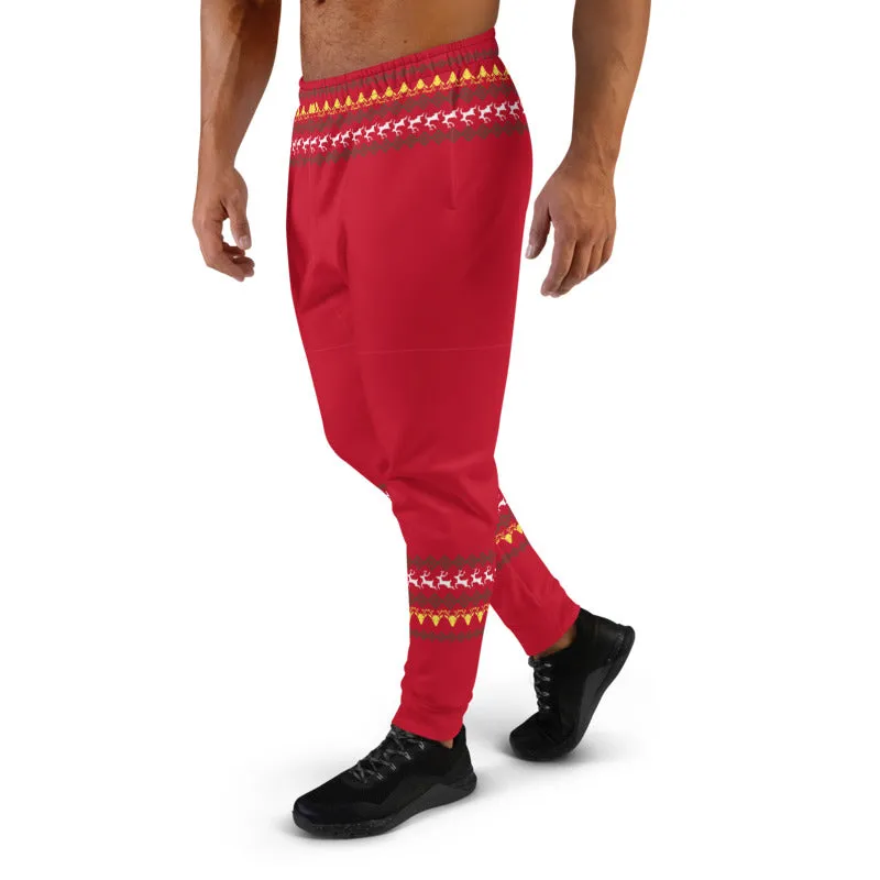 Red Christmas Reindeer Men's Joggers, Festive Xmas Casual Joggers-Made in EU/MX/USA