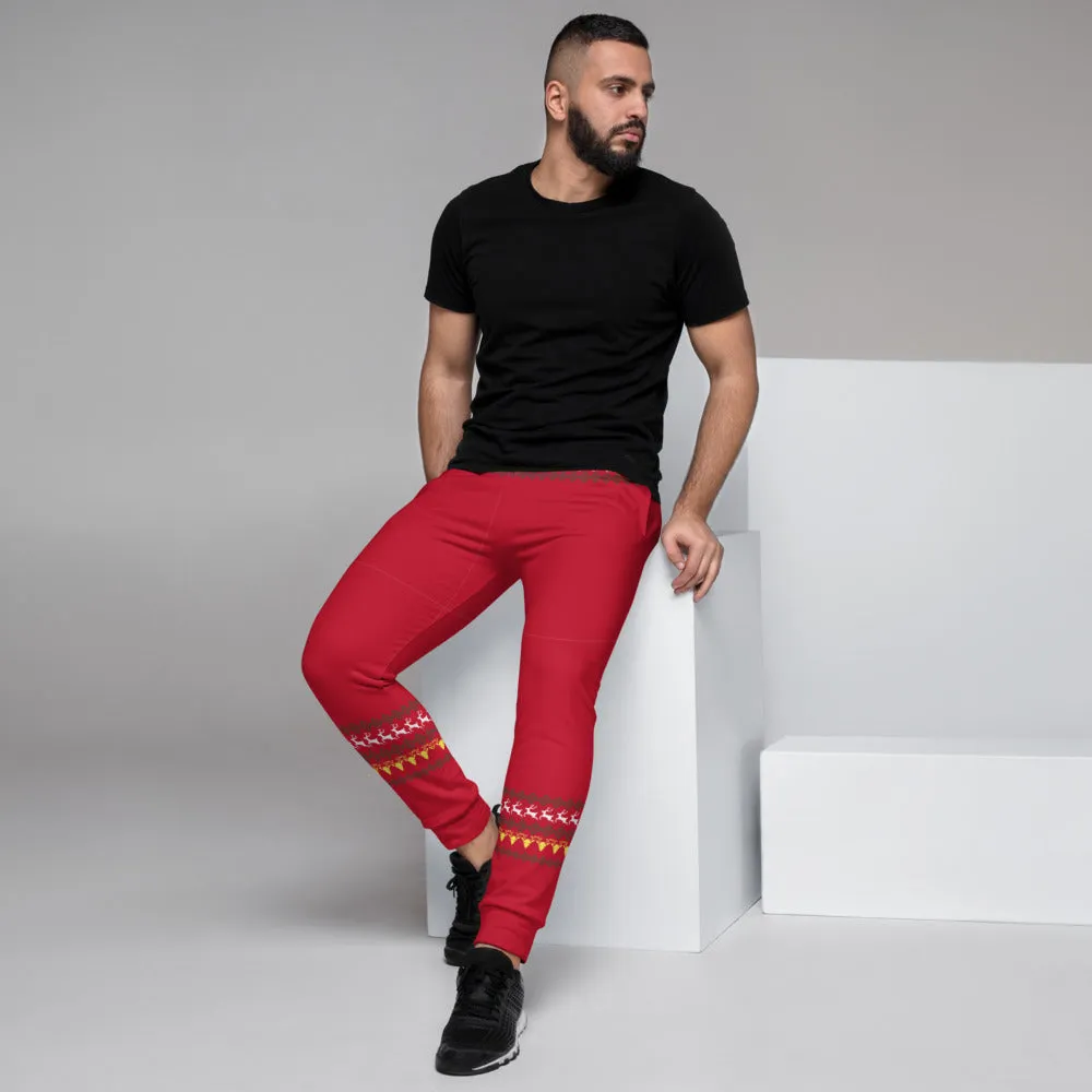 Red Christmas Reindeer Men's Joggers, Festive Xmas Casual Joggers-Made in EU/MX/USA