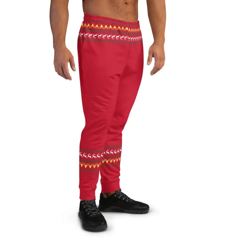 Red Christmas Reindeer Men's Joggers, Festive Xmas Casual Joggers-Made in EU/MX/USA