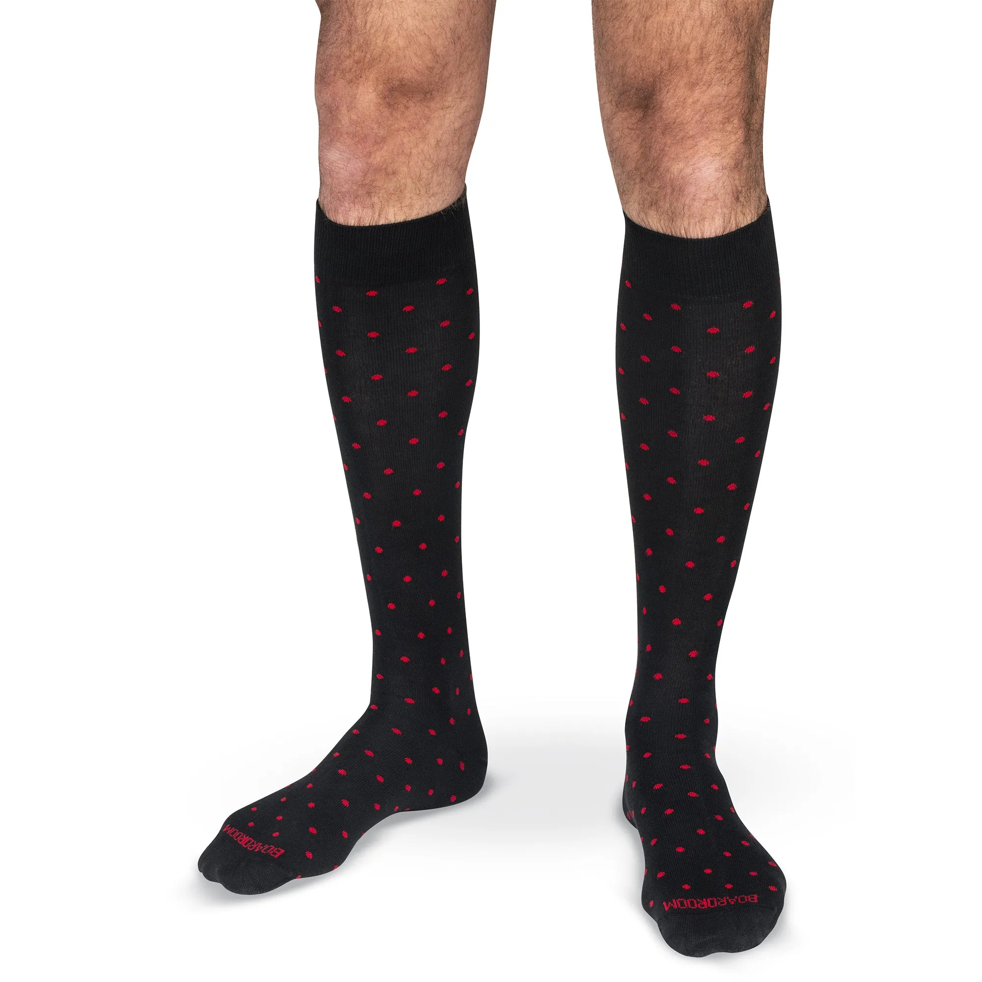 Red Dots on Black Cotton Over the Calf Dress Socks