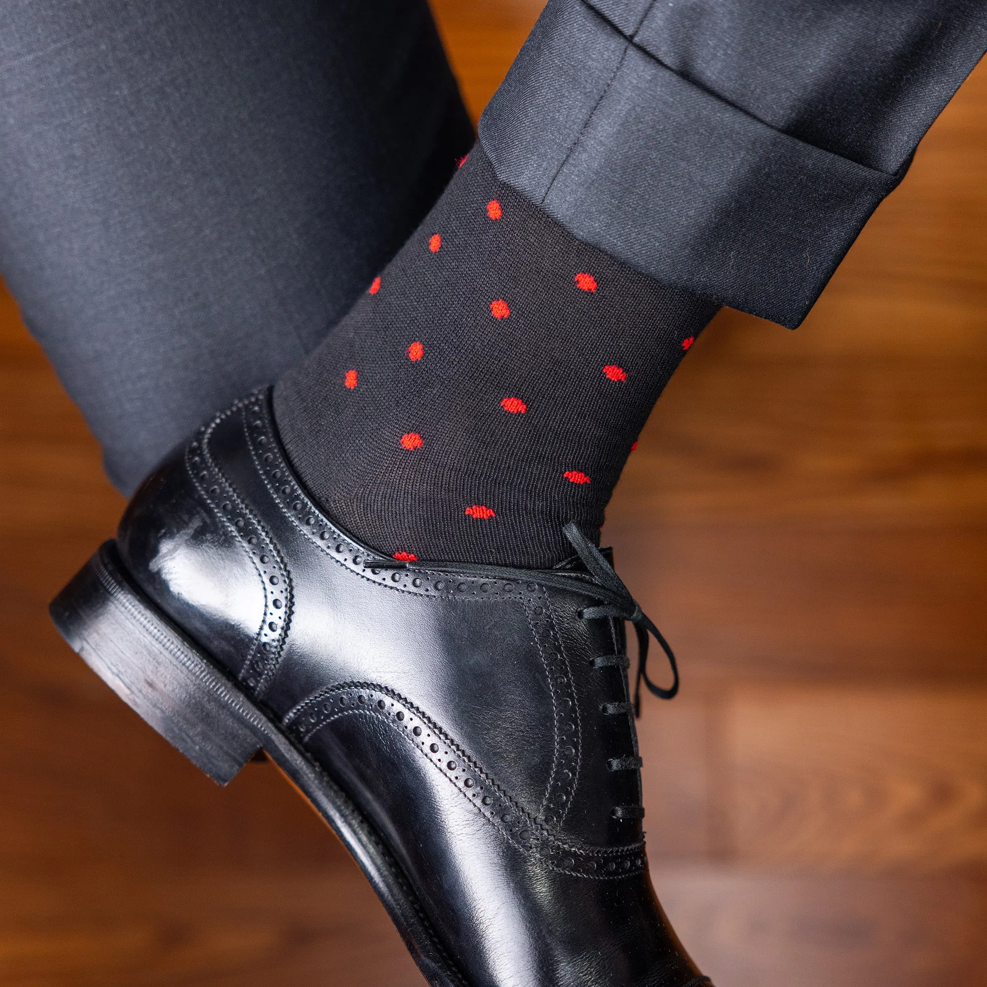Red Dots on Black Cotton Over the Calf Dress Socks