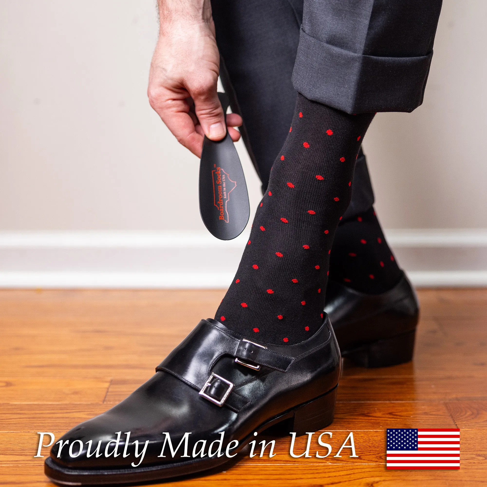 Red Dots on Black Cotton Over the Calf Dress Socks