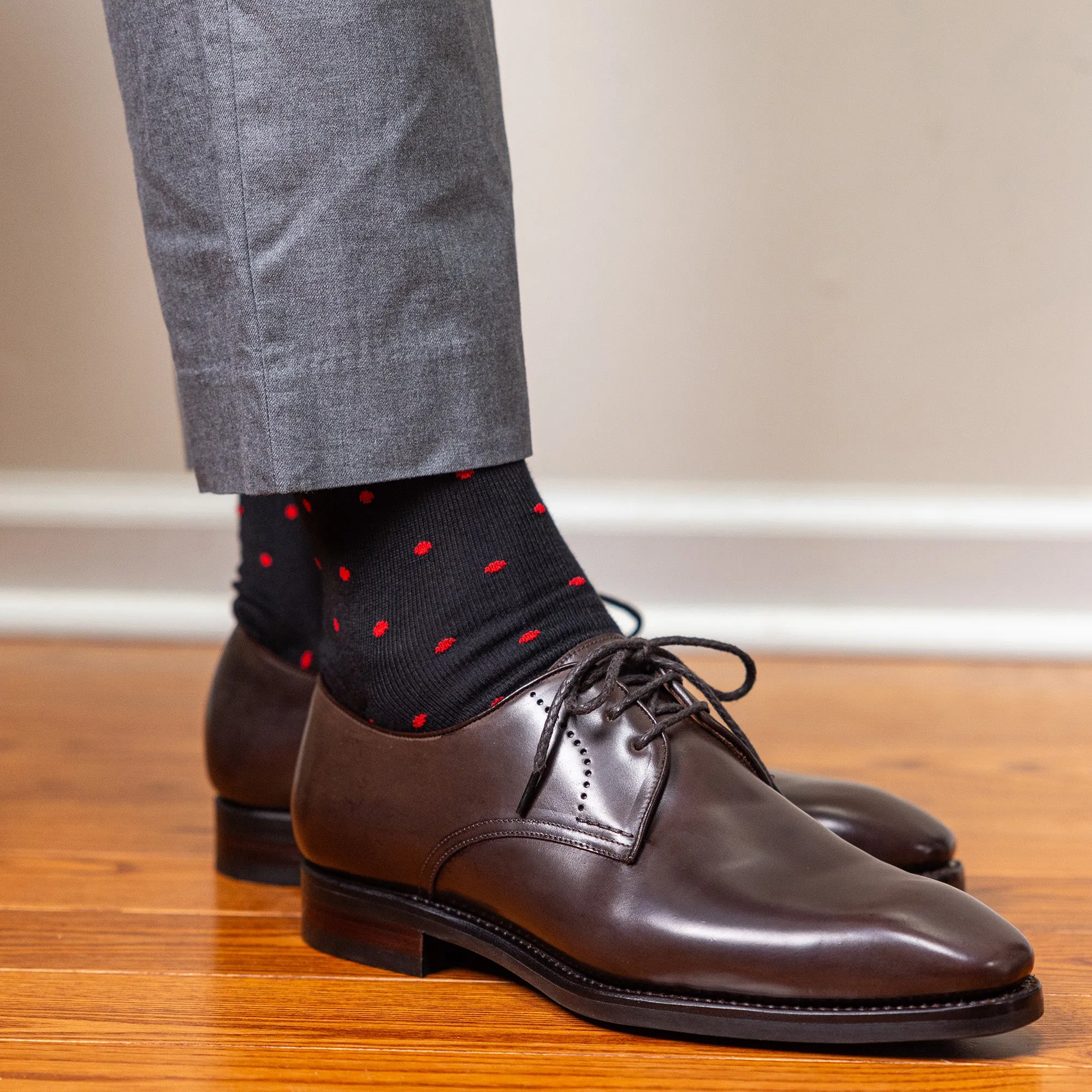 Red Dots on Black Cotton Over the Calf Dress Socks
