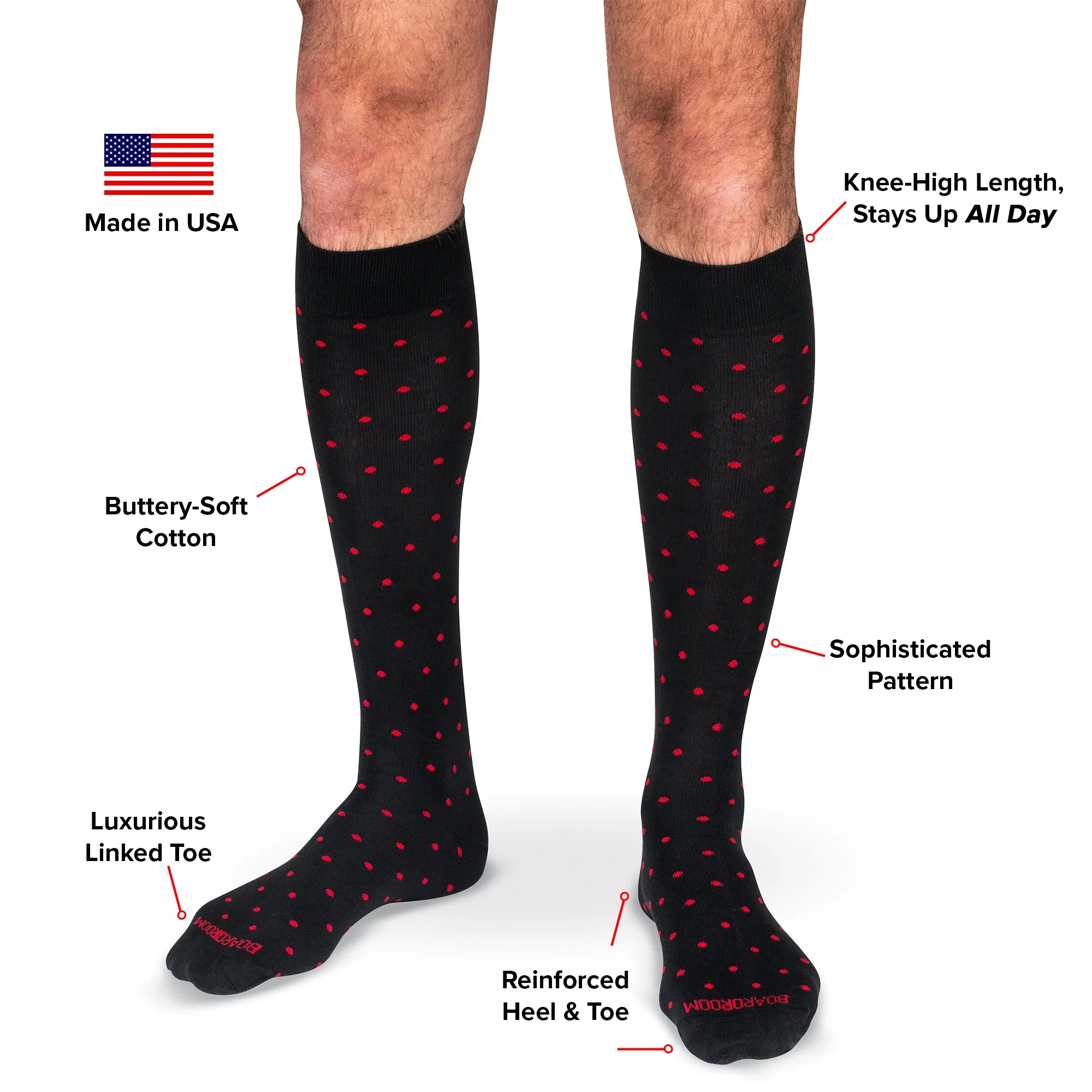 Red Dots on Black Cotton Over the Calf Dress Socks