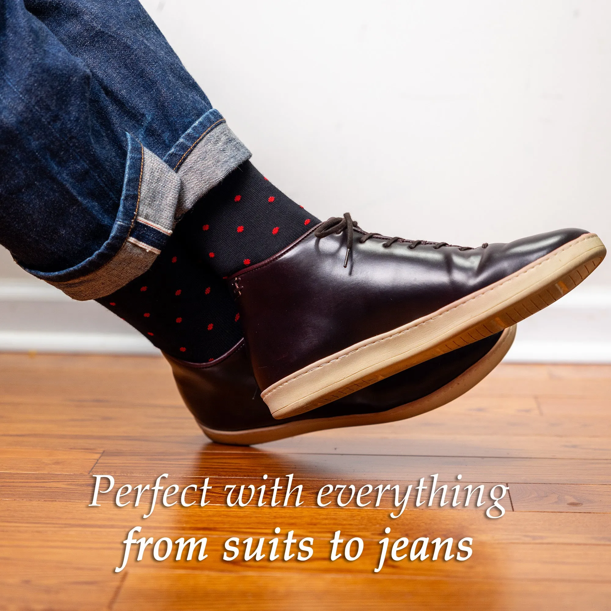 Red Dots on Black Cotton Over the Calf Dress Socks
