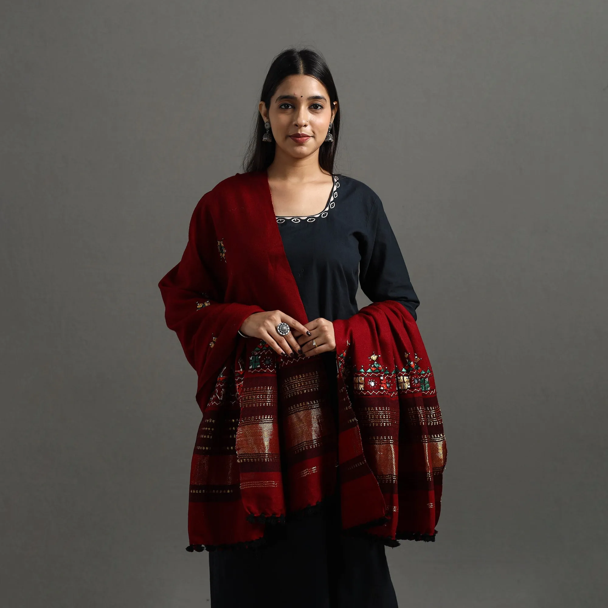 Red - Kutch Neran Hand Embroidery Mirror Work Woollen Shawl 66