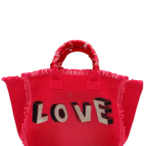 Red Love Blocks Fringe Canvas Bag