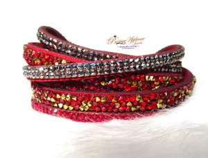 Red Mixed Silver Buckle Trendy Bracelet Double Wrap with Adjustable Button Christmas Gift